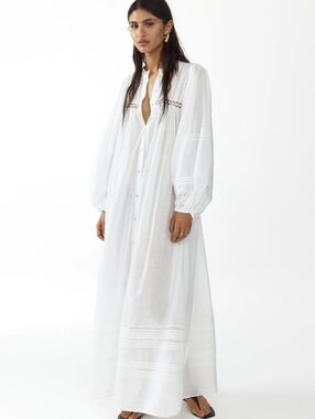 H&M Oversized Tie-Belt Tunic Dress Maxi White Unlined & See-through Bnwt